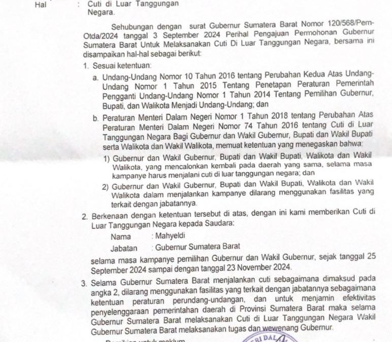 Surat Cuti Gubernur Mahyeldi Terbit, Wagub Audy Ditunjuk Sebagai Plt Gubernur